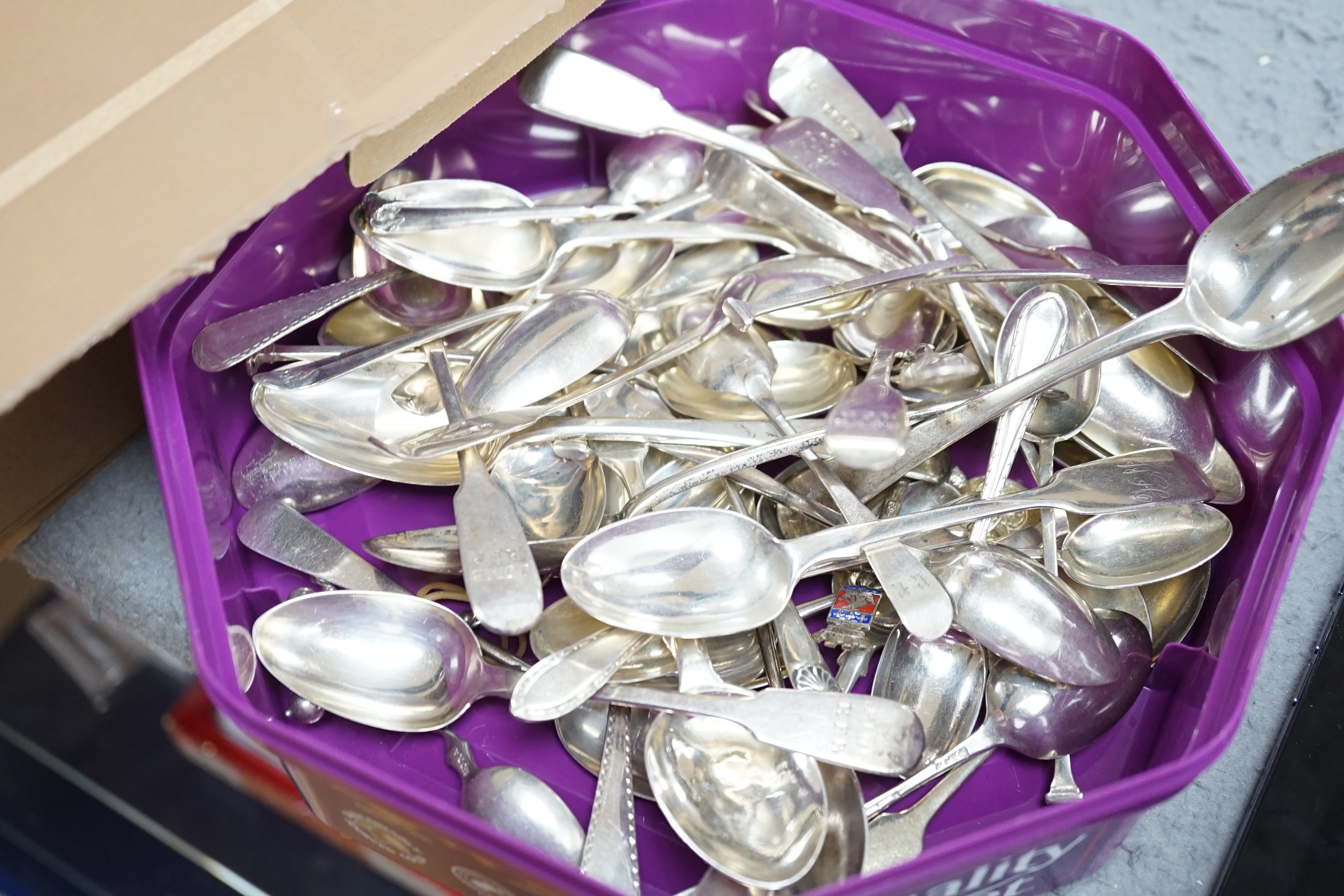 A quantity of assorted 18th century and later flatware, mainly teaspoons including a set of six base mark teaspoons, caddy spoon, etc, 32.7oz and eight plated spoons.